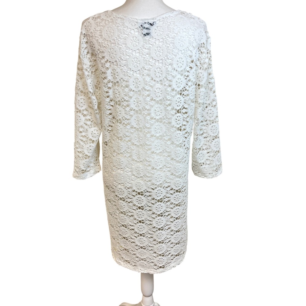 J VALDI Sheer White Lace V Neck 3/4 Sleeve Tunic Cover Up Dress L Swim‎ Vacation - Picture 2 of 12